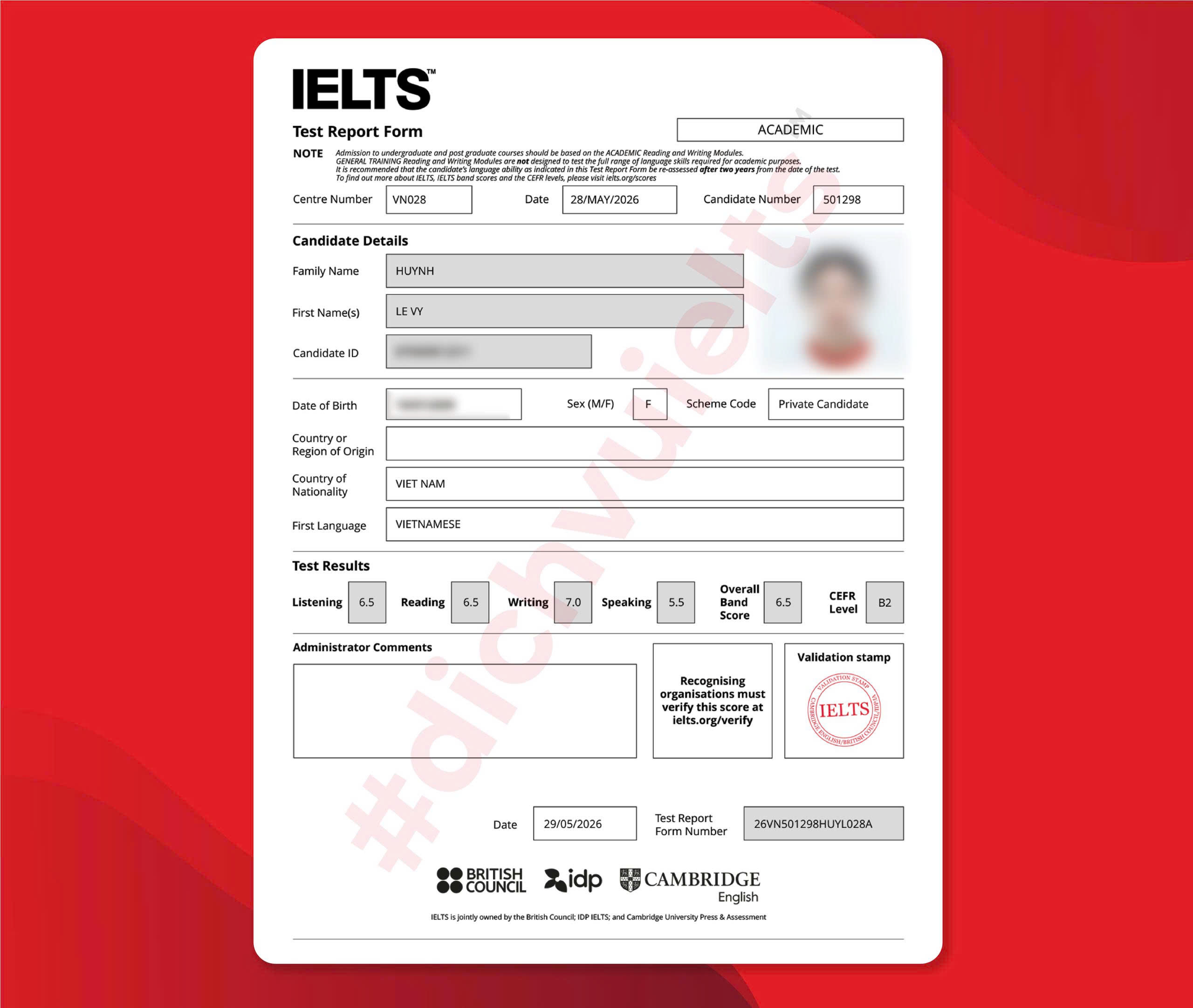 HUỲNH LÊ VY ĐẠT ĐIỂM IELTS 6.5 OVERALL VỚI DỊCH VỤ IELTS