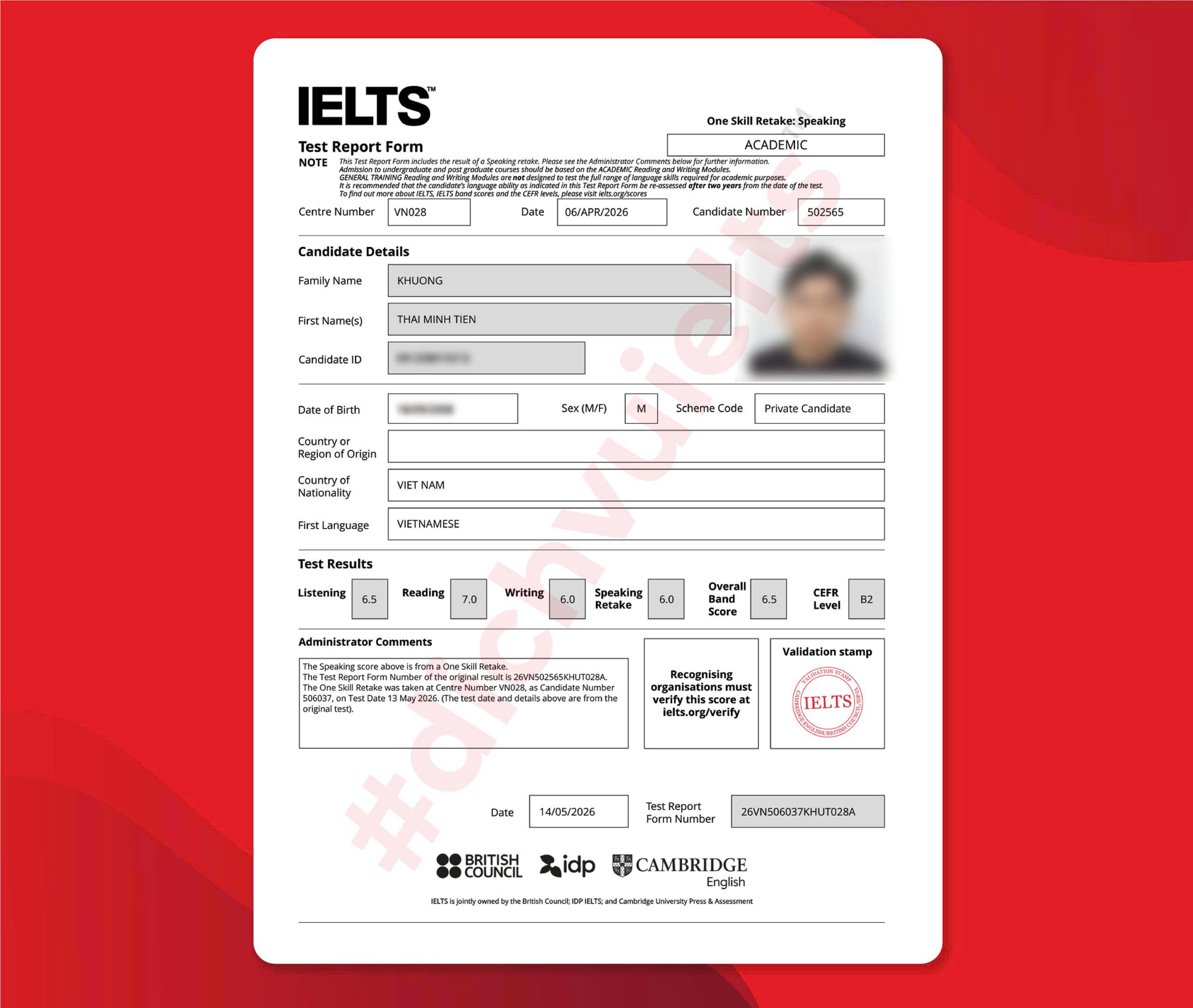 KHƯƠNG THÁI MINH TIẾN IELTS 6.5 OVERALL VỚI DỊCH VỤ IELTS