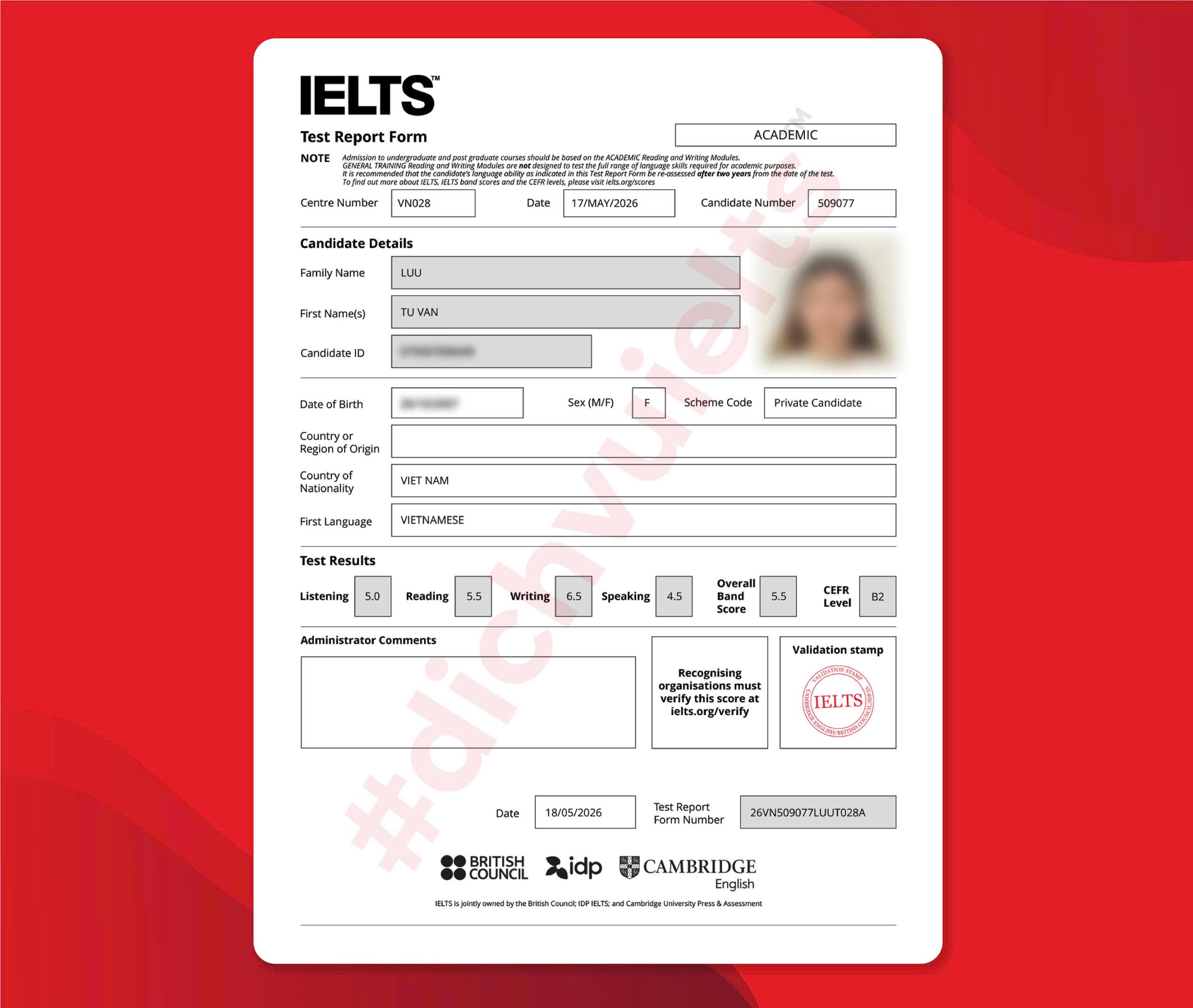 LƯU TÚ VÂN ĐẠT ĐIỂM IELTS 5.5 OVERALL VỚI DỊCH VỤ IELTS
