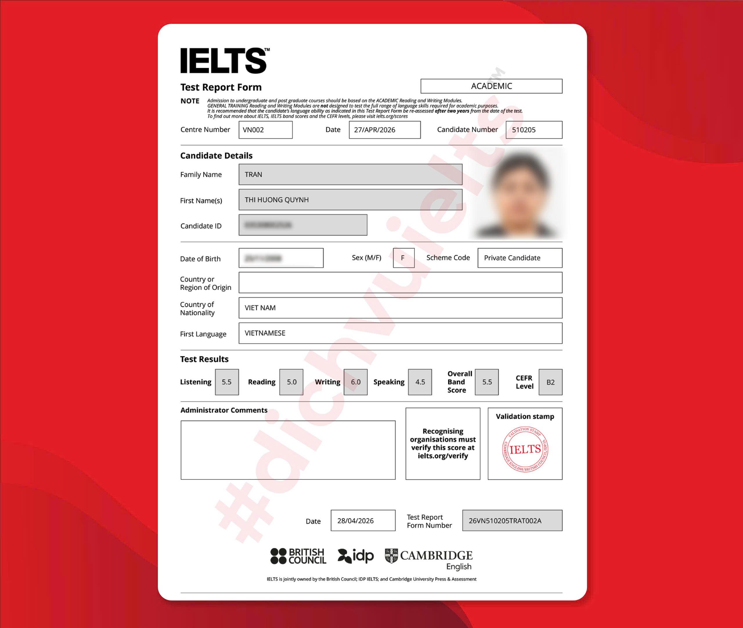 TRẦN THỊ HƯƠNG QUỲNH ĐẠT IELTS 5.5 OVERALL VỚI DỊCH VỤ IELTS
