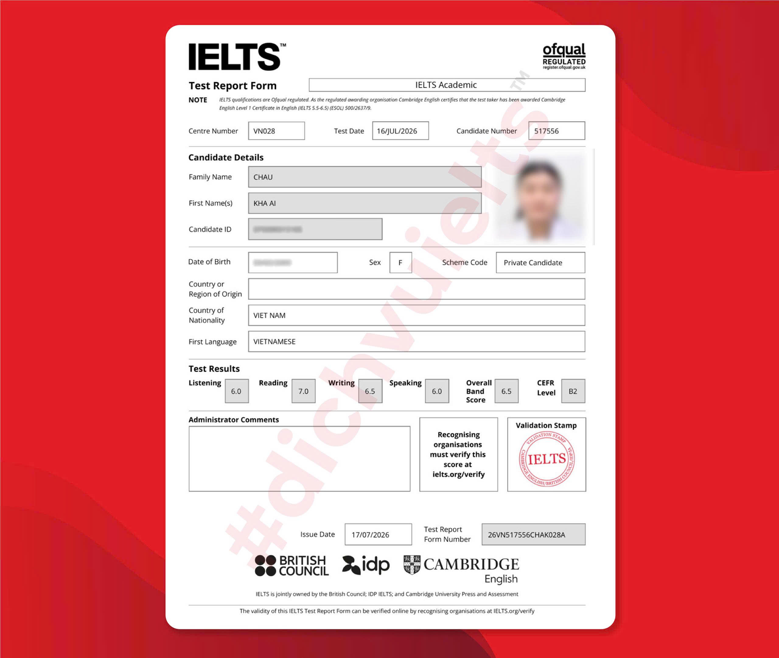 CHÂU KHẢ ÁI ĐẠT ĐIỂM IELTS 6.5 OVERALL VỚI DỊCH VỤ IELTS