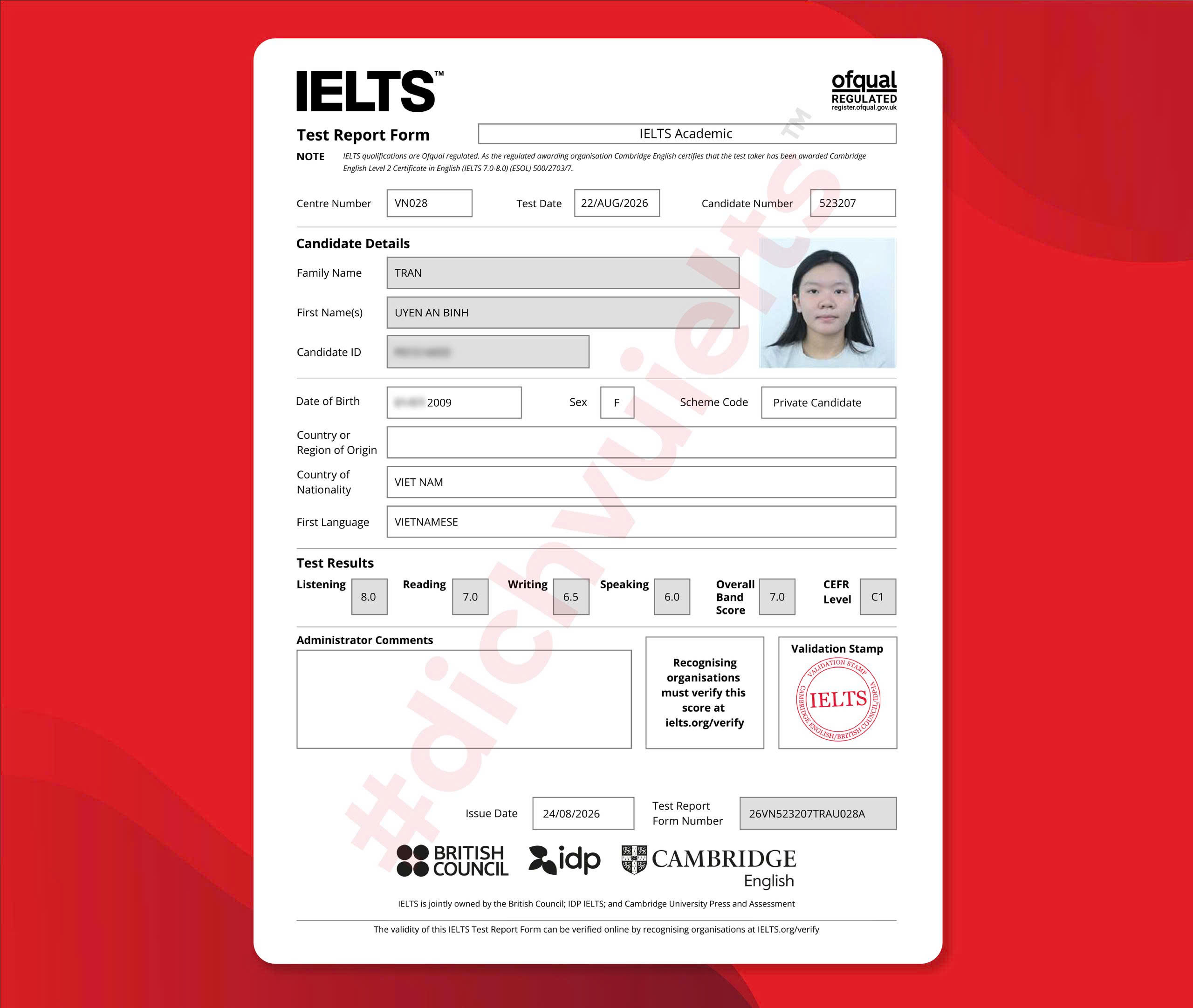 TRẦN UYỂN AN BÌNH ĐẠT ĐIỂM IELTS 7.0 OVERALL VỚI DỊCH VỤ IELTS