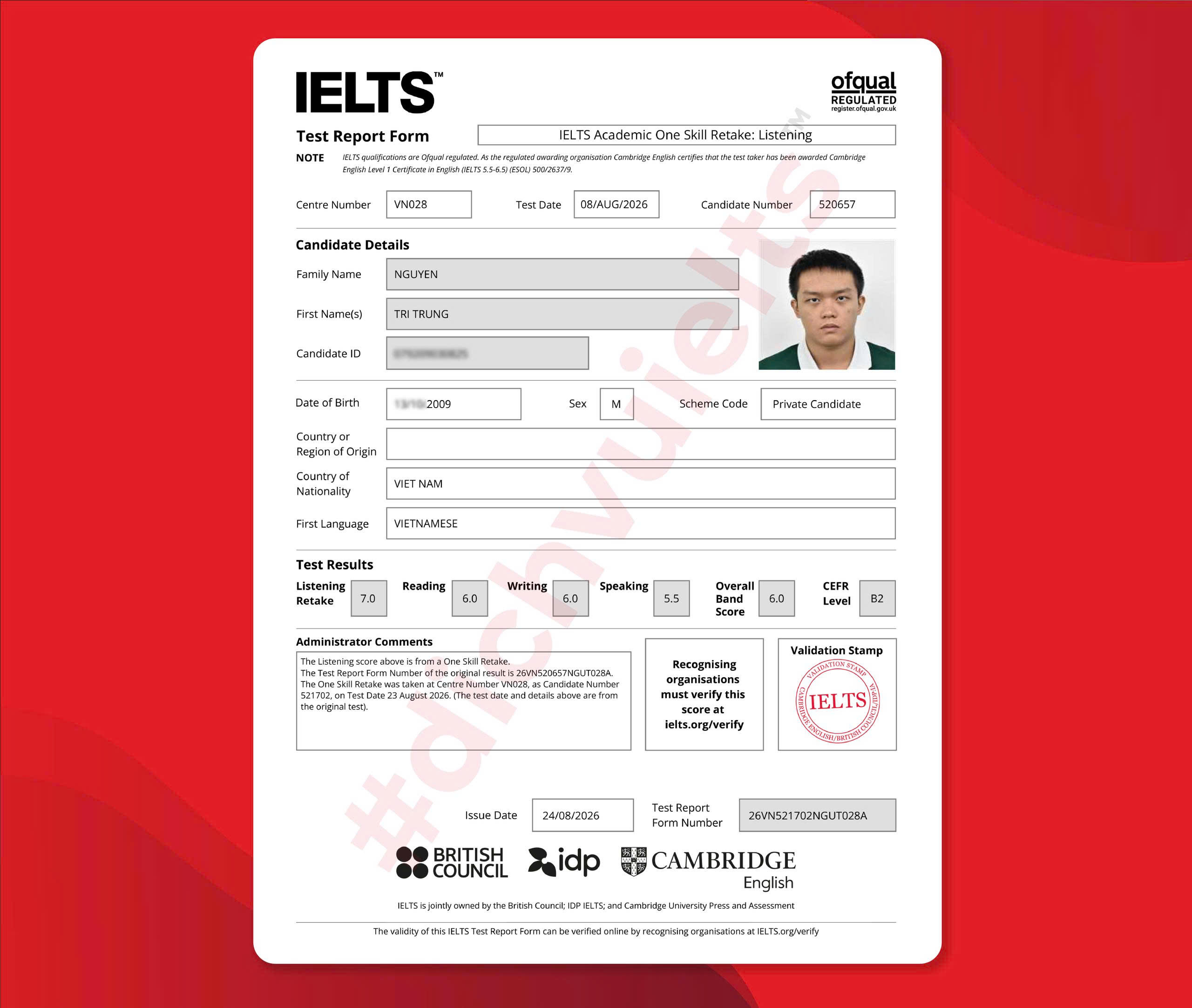 NGUYỄN TRÍ TRUNG ĐẠT ĐIỂM IELTS 6.0 OVERALL VỚI DỊCH VỤ IELTS