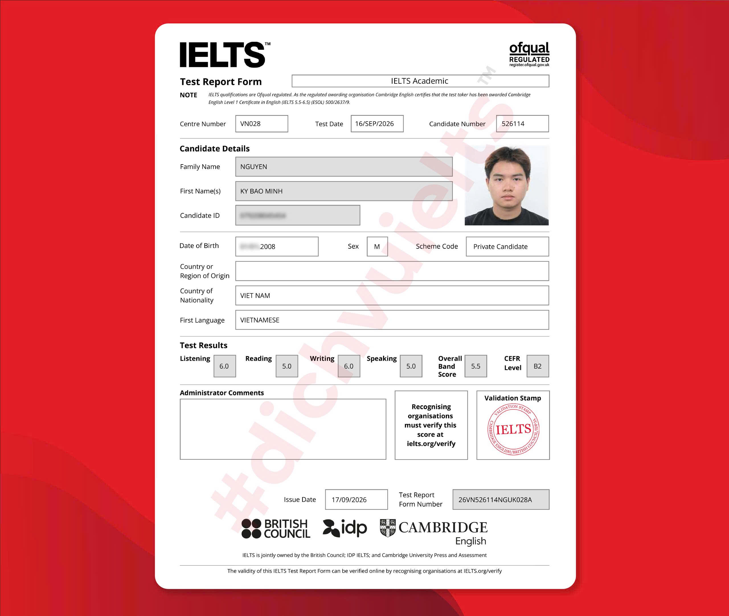 NGUYỄN KỲ BẢO MÌNH ĐẠT ĐIỂM IELTS 5.5 OVERALL VỚI DỊCH VỤ IELTS