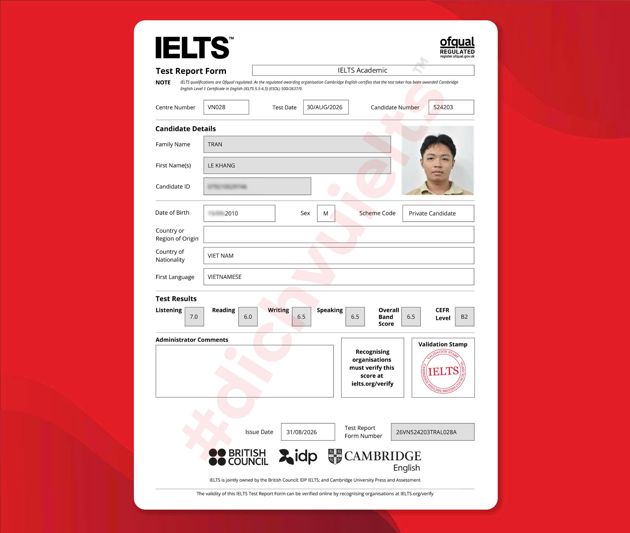 TRẦN LÊ KHANG ĐẠT IELTS 6.5 OVERALL VỚI DỊCH VỤ IELTS