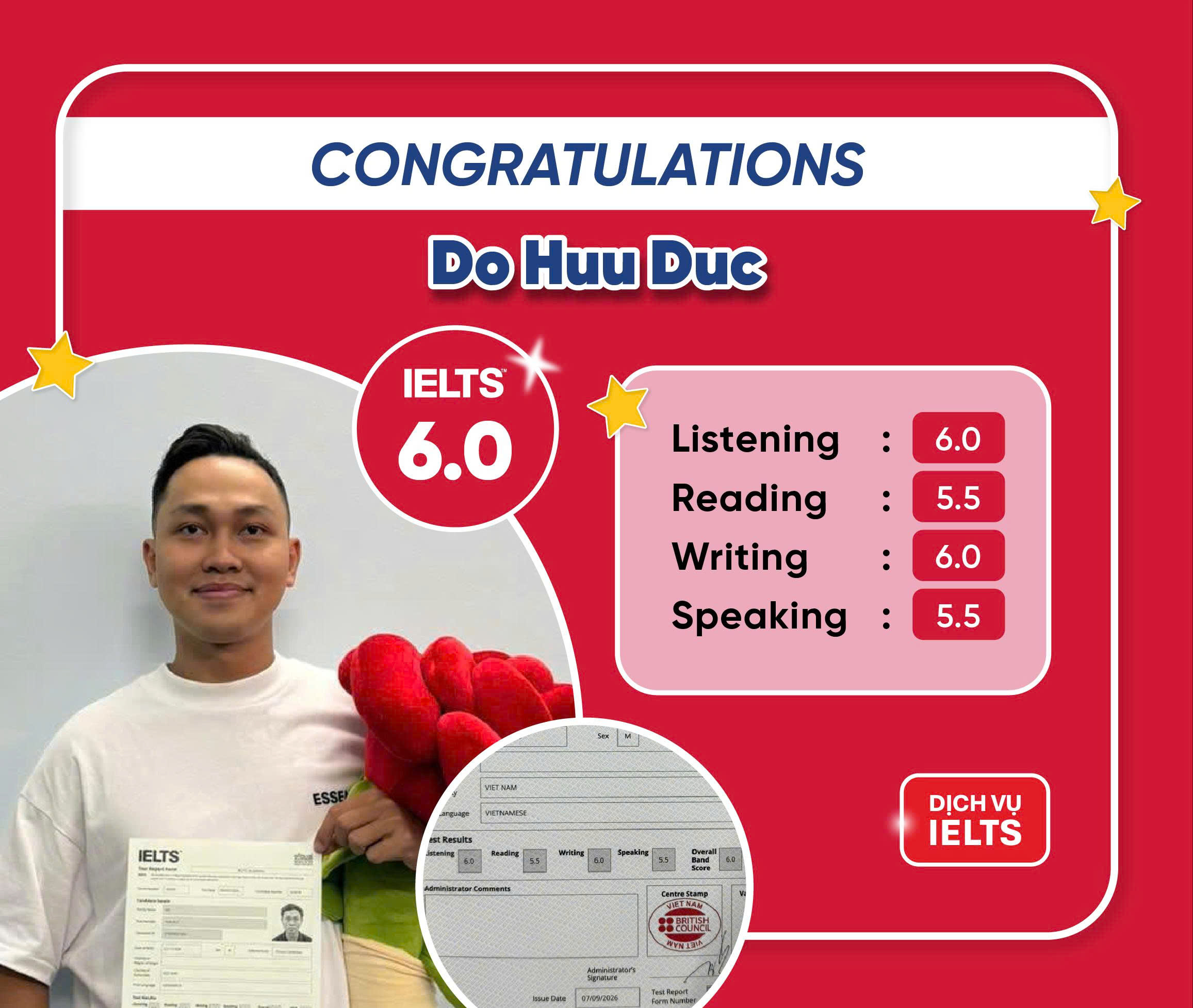 ĐỖ HỮU ĐỨC ĐẠT ĐIỂM IELTS 6.0 OVERALL VỚI DỊCH VỤ IELTS
