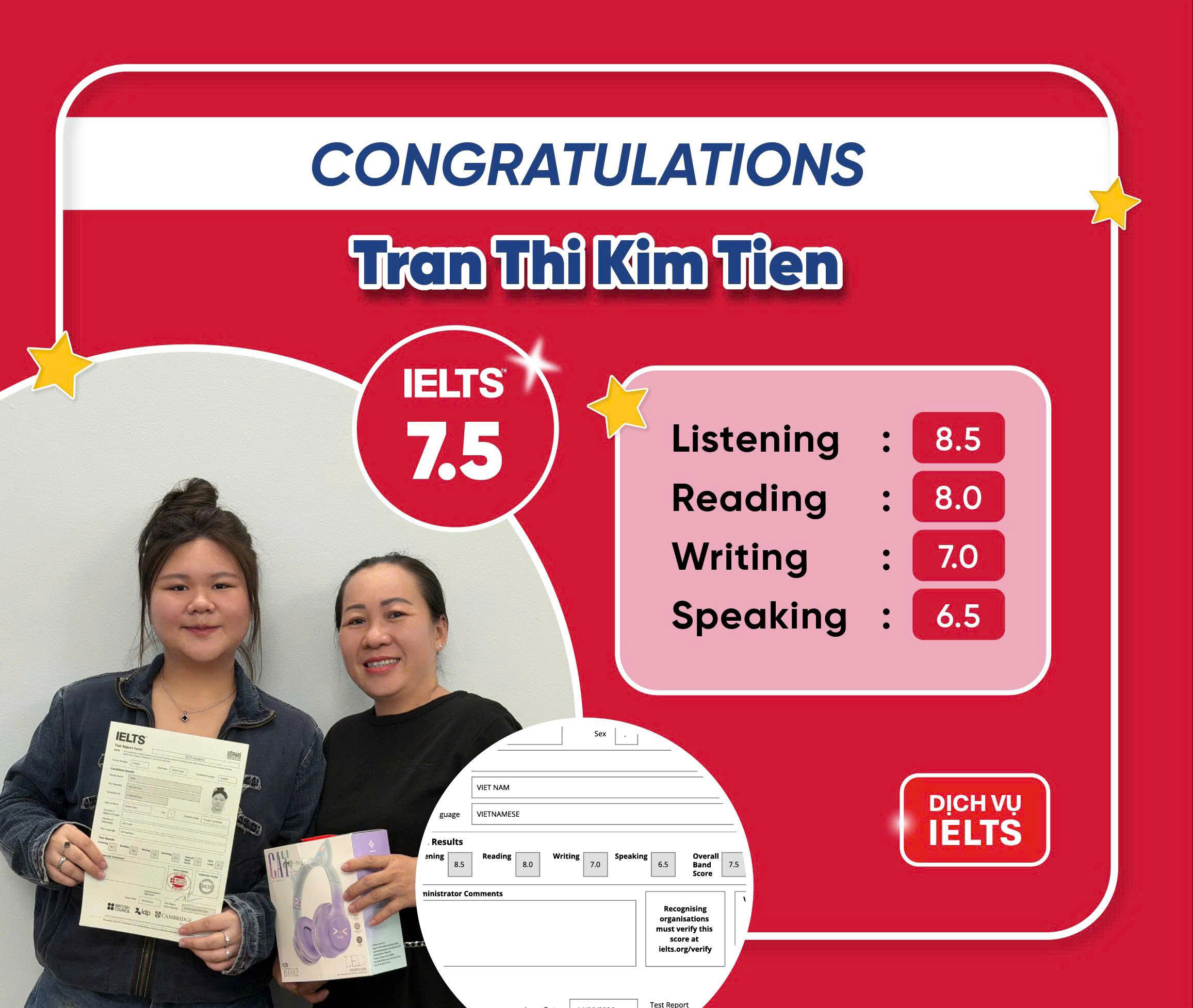 TRẦN THỊ KIM TIỀN ĐẠT ĐIỂM IELTS 7.5 OVERALL VỚI DỊCH VỤ IELTS