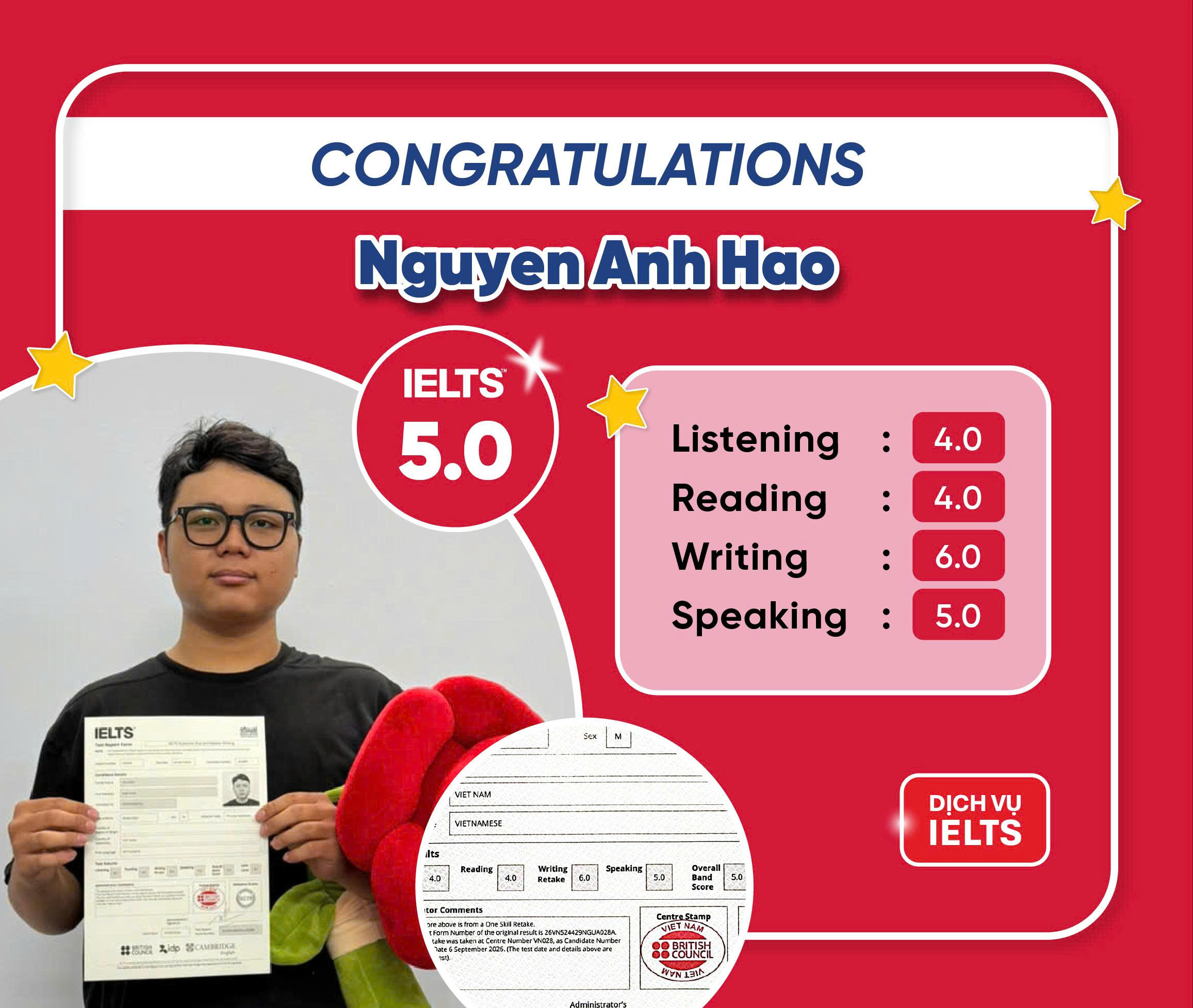NGUYỄN ANH HÀO ĐẠT ĐIỂM IELTS 5.0 OVERALL VỚI DỊCH VỤ IELTS
