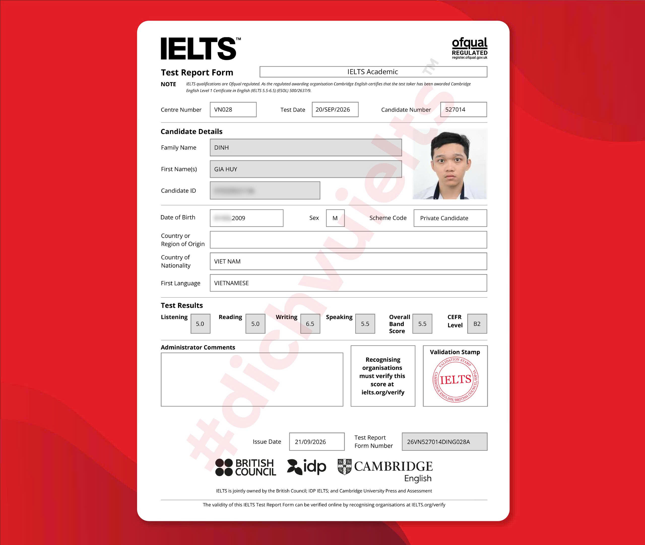 ĐINH GIA HUY ĐẠT IELTS 5.5 OVERALL VỚI DỊCH VỤ IELTS