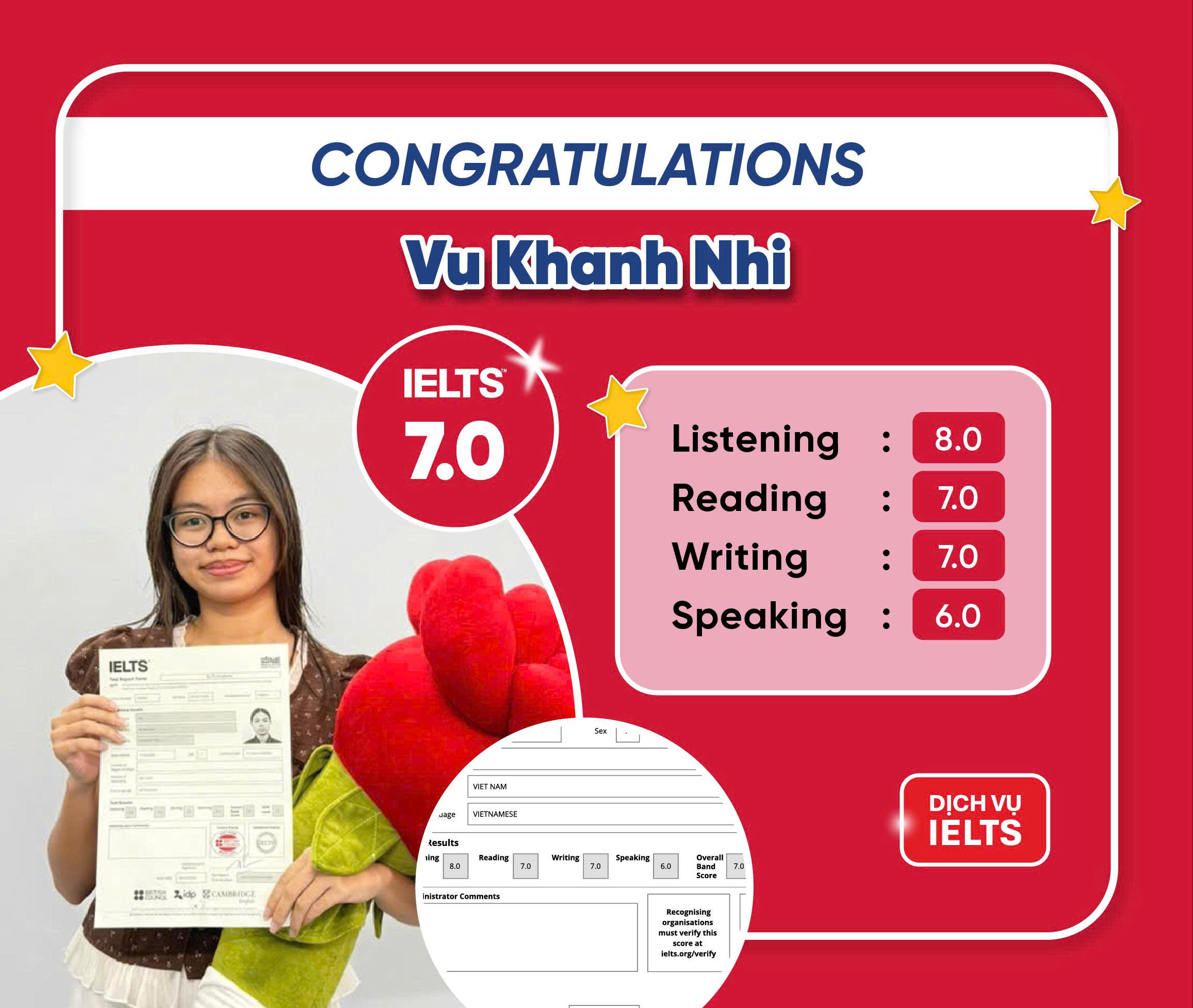 VŨ KHÁNH NHI ĐẠT IELTS 7.0 OVERALL VỚI DỊCH VỤ IELTS